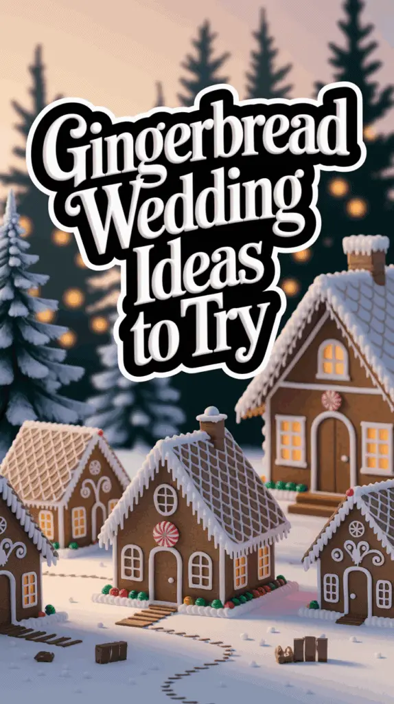 Gingerbread houses decorated with icing and candy sit on a snowy surface, with the text 'Gingerbread Wedding Ideas to Try' overlaid above, and pine trees in the background.