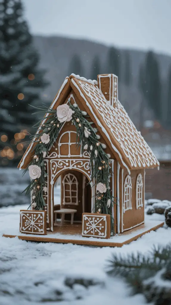 A decorated gingerbread house with intricate white icing patterns, adorned with green garland and pink flowers, set on a snowy surface with a blurred winter landscape in the background.
