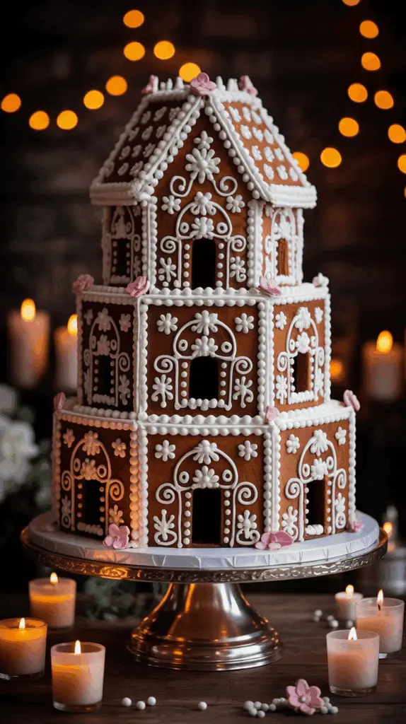 A three-tiered gingerbread house cake, intricately decorated with white icing patterns resembling flowers and scrolls, topped with small pink flowers, displayed on a silver cake stand surrounded by lit candles.