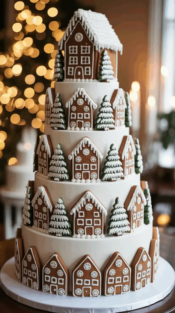 A tiered cake decorated with gingerbread house cookies and tree-shaped icing, set against a background of warm, blurred lights, creating a festive, holiday atmosphere.