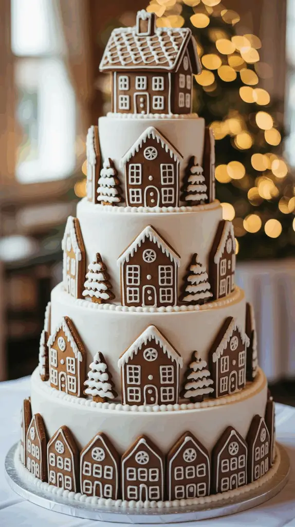 A multi-tiered white cake adorned with gingerbread houses and trees, topped with a small gingerbread house and set against a blurred backdrop of holiday lights.