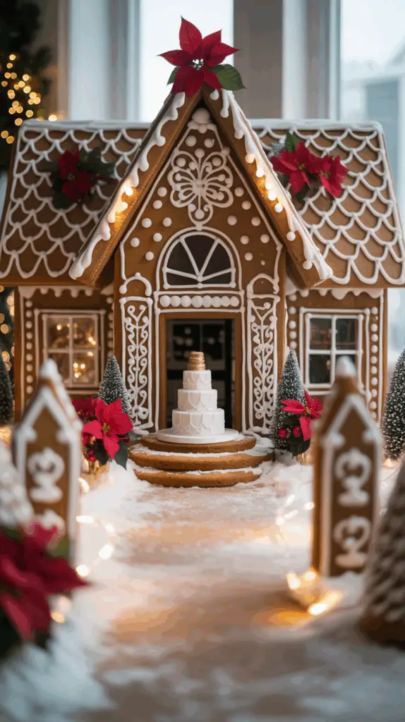 A detailed gingerbread house decorated with white icing, featuring red poinsettias and lit with small lights. In front of the house is a path lined with snow and a small three-tiered gingerbread cake sits on the stairs leading to the entrance. The windows are intricately designed, adding to the festive decoration.