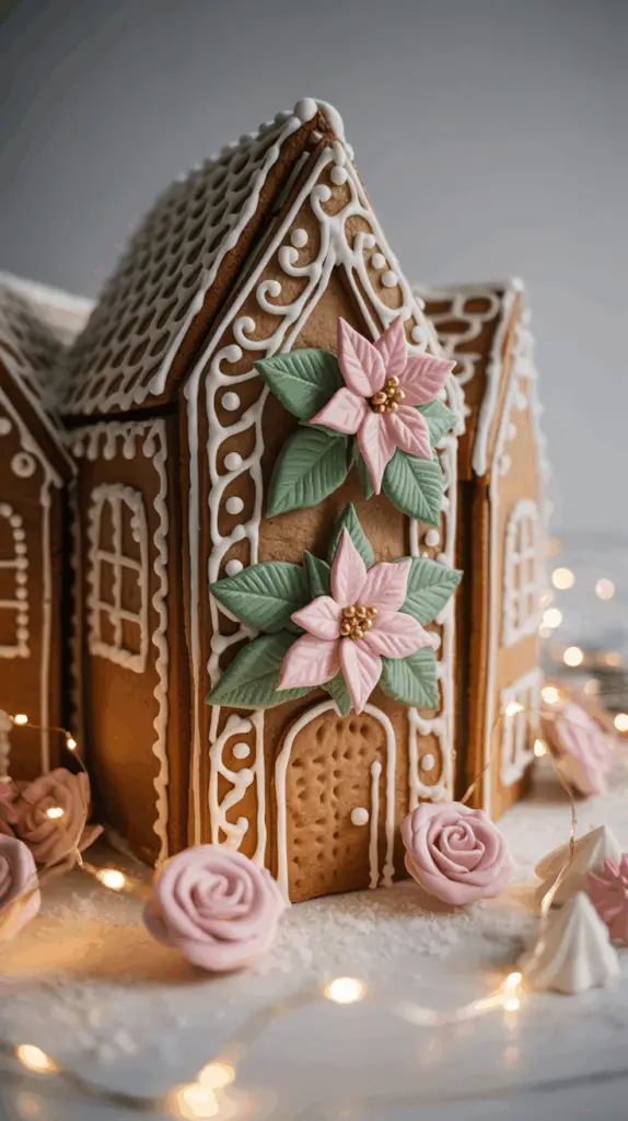 A gingerbread house decorated with intricate white icing patterns, pink and green fondant poinsettia flowers, and surrounded by pink fondant roses and small meringue decorations, illuminated by warm fairy lights.