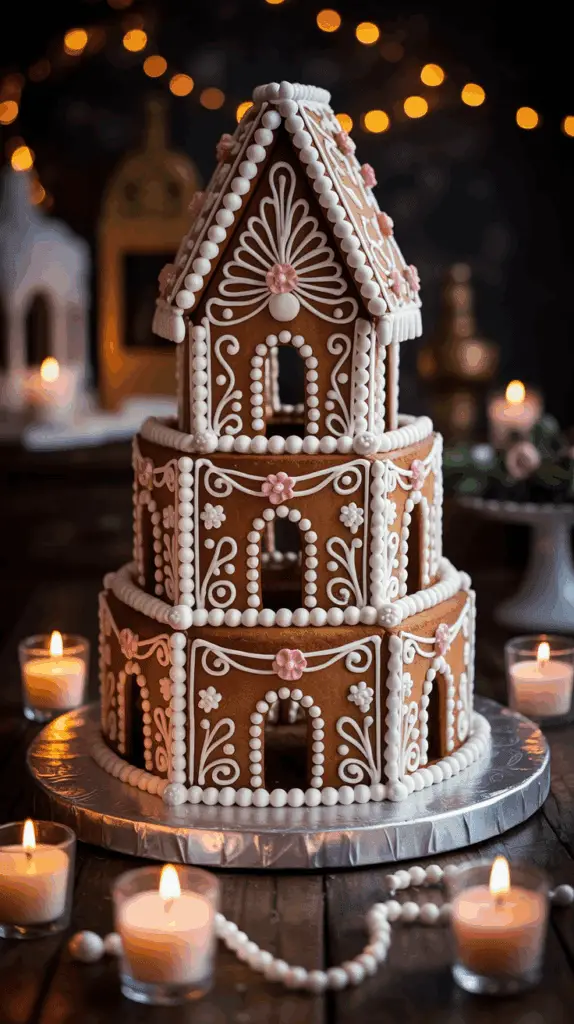 A three-tiered gingerbread cake intricately decorated with white and pink icing designs and surrounded by lit tea candles.