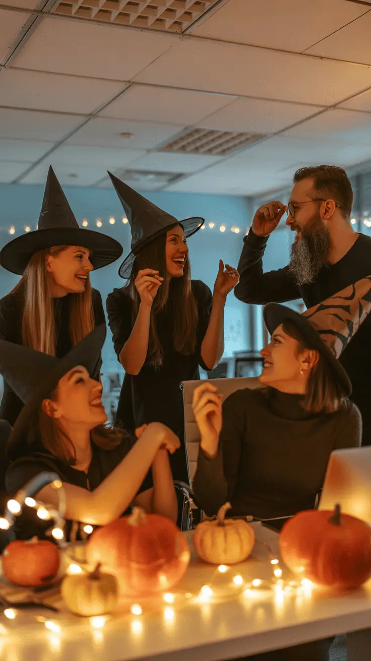 A group of five people wearing witch hats, laughing and enjoying a Halloween-themed gathering in an office setting, with pumpkins and string lights on a table in the foreground.