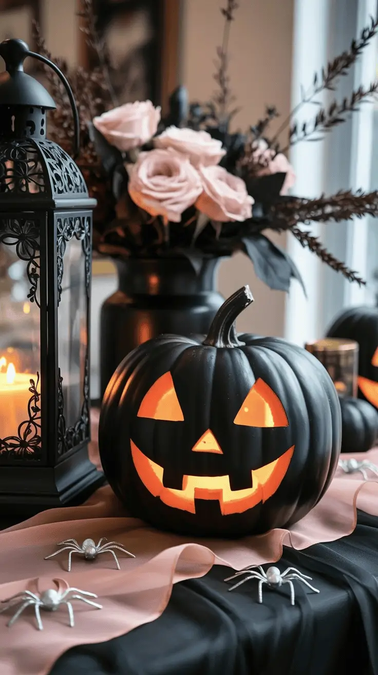 A Halloween decoration setup featuring a black jack-o'-lantern with a glowing face, surrounded by pink roses in a black vase, a black ornate lantern with a lit candle, and silver spider figures on a pink and black tablecloth.