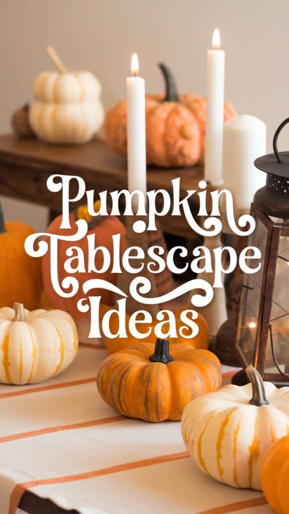 A table setting with various pumpkins, lit candles, and a lantern, with the text 'Pumpkin Tablescape Ideas' in decorative font.