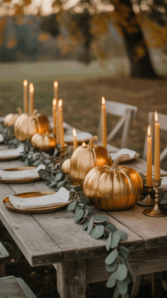 A rustic outdoor table setting decorated with gold-painted pumpkins, tall lit candles, and green eucalyptus leaves, set against a natural backdrop.