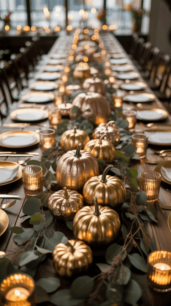 A long dining table decorated with gold and bronze pumpkins surrounded by leafy greenery and lit candles, set with gold-rimmed plates and cutlery.