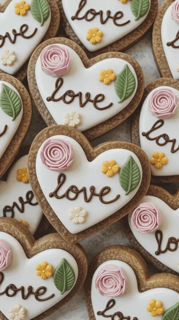 Heart-shaped cookies decorated with the word "love," pink roses, green leaves, and small yellow flowers made from icing.
