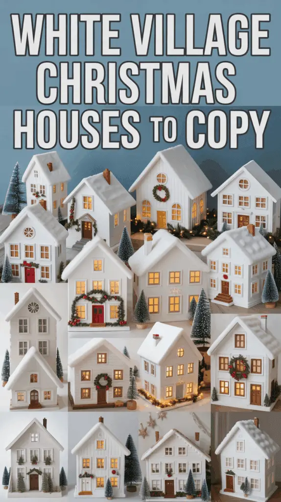 A collection of small, white, model Christmas village houses, each adorned with festive decorations like wreaths and tiny pine trees, with warm lights glowing from the windows.