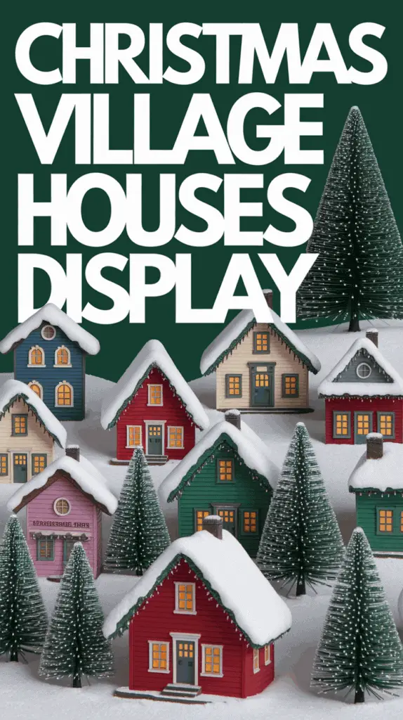 A display of miniature Christmas village houses, featuring colorful, snow-covered rooftops and surrounded by decorated Christmas trees, with large text reading "CHRISTMAS VILLAGE HOUSES DISPLAY" at the top.