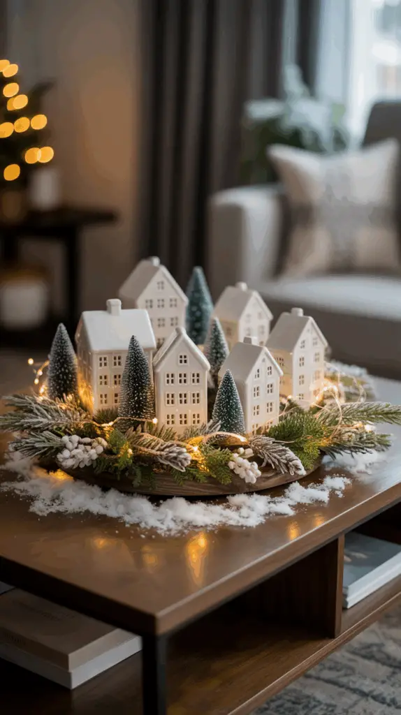 A festive tabletop decoration featuring small white ceramic houses, artificial snow-covered pine trees, and mini string lights, arranged on a wooden tray with greenery and faux snow in a cozy living room setting.