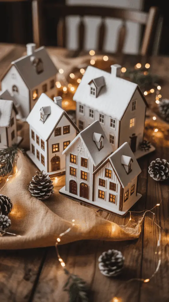 A festive scene featuring miniature houses with snow-covered roofs, warmly lit from inside, arranged on a wooden table decorated with pinecones, greenery, and string lights.