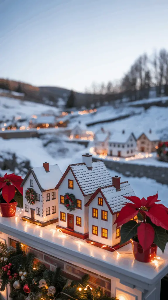 Miniature holiday village houses with wreaths are lit up and surrounded by poinsettias and string lights, set on a snowy landscape.