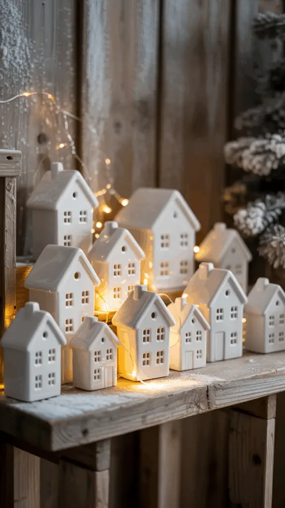 A decorative arrangement of white ceramic house-shaped lanterns with windows, lit by soft warm fairy lights on a wooden shelf, with a backdrop of a wooden paneling dusted with artificial snow.