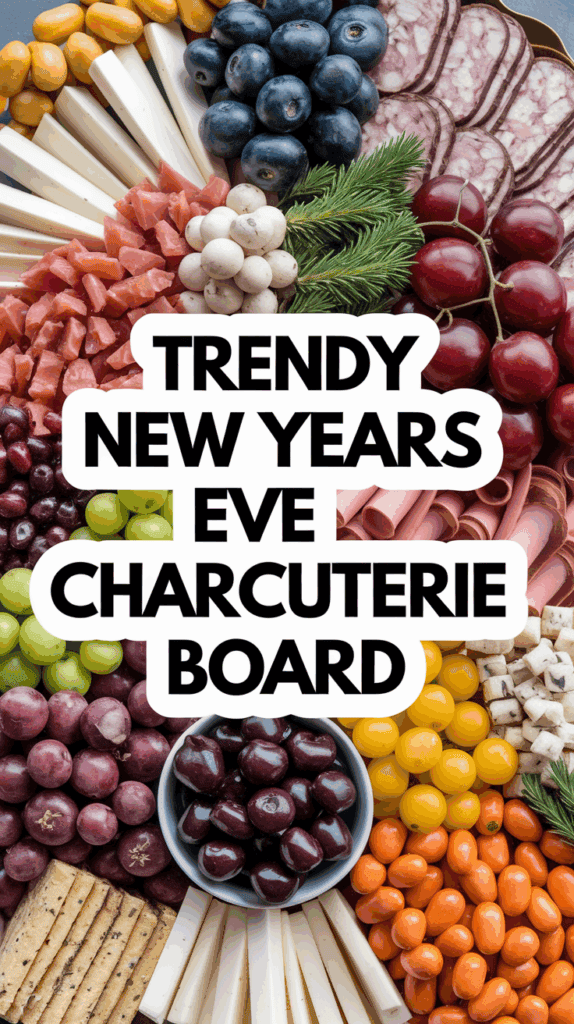 A colorful charcuterie board with various cheeses, fruits, meats, and garnishes, labeled "Trendy New Years Eve Charcuterie Board."