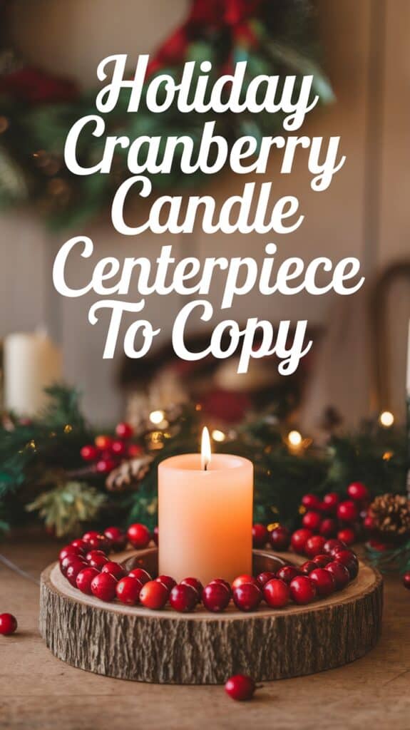 A holiday centerpiece featuring a lit candle surrounded by a ring of red cranberries on a wooden base, with festive greenery in the background and text overlay reading 'Holiday Cranberry Candle Centerpiece To Copy.'