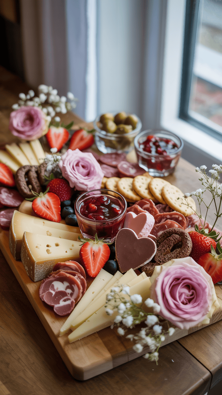 A charcuterie board featuring assorted cheeses, sliced meats, strawberries, olives, crackers, chocolate hearts, and jam, garnished with pink roses and small white flowers, placed by a window on a wooden table.