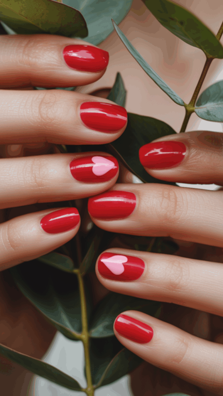 Close-up of hands with bright red nail polish, featuring pink heart designs on the middle fingers, holding eucalyptus leaves.