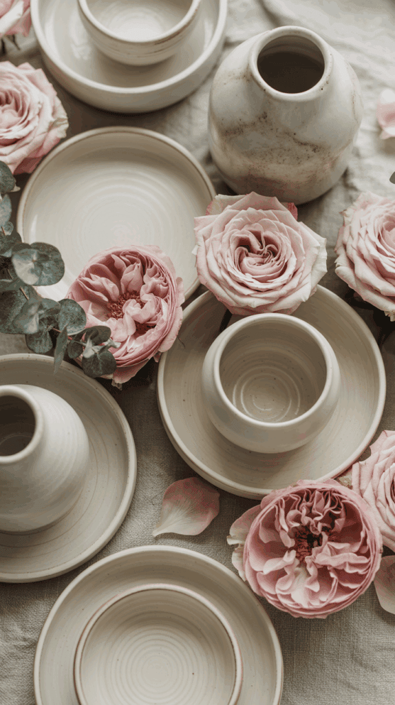 A collection of cream-colored ceramic dishes and a textured vase are artfully arranged with pale pink roses and green foliage on a beige fabric surface.