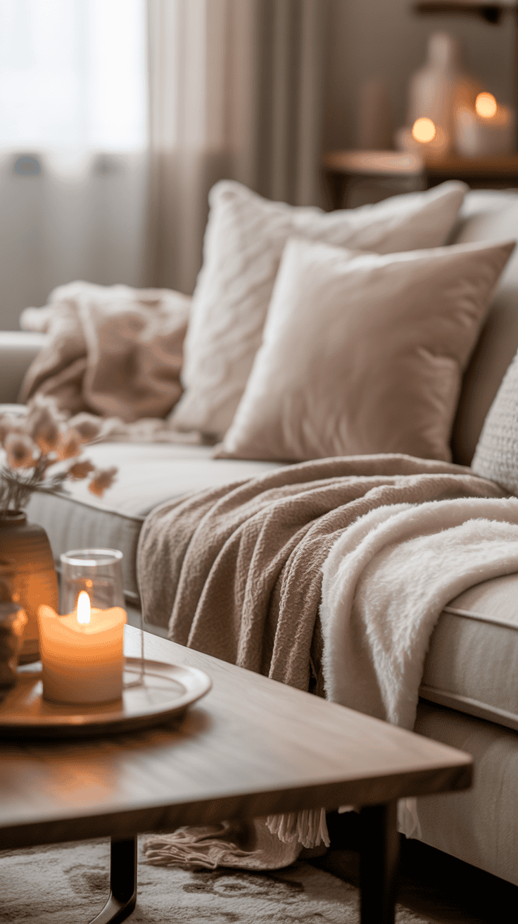 Cozy living room setup with a beige sofa adorned with soft cushions and a fluffy throw blanket, a wooden coffee table featuring a lit candle and decorative vase, creating a warm and inviting atmosphere.