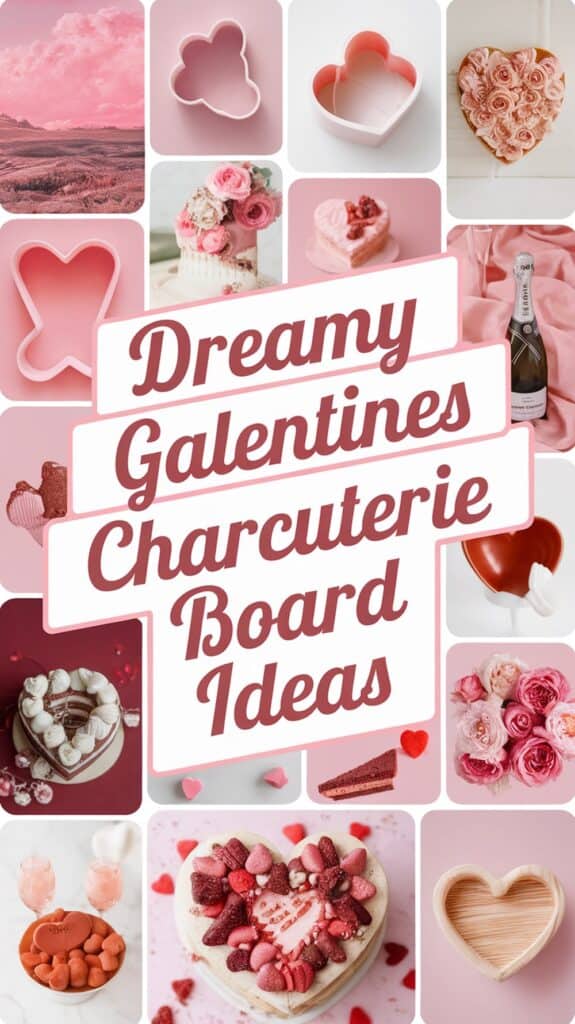 Collage of pink and heart-themed items, including flowers, cakes, a champagne bottle, and various heart and floral designs, with the text 'Dreamy Galentines Charcuterie Board Ideas' in the center.
