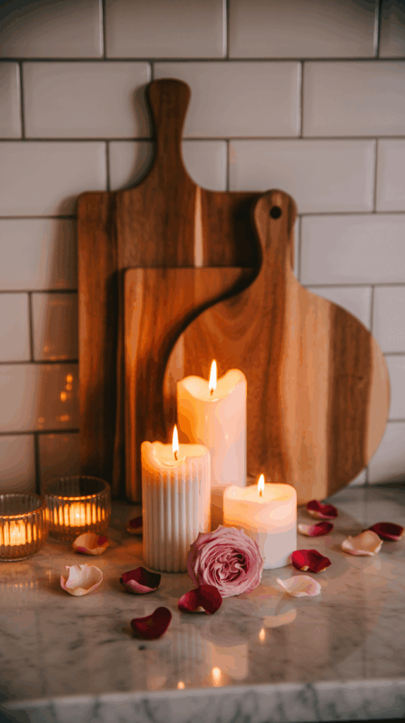 A cozy setting with three lit pillar candles placed on a marble surface, surrounded by scattered rose petals and a single pink rose, with wooden cutting boards in the background against a tiled wall.