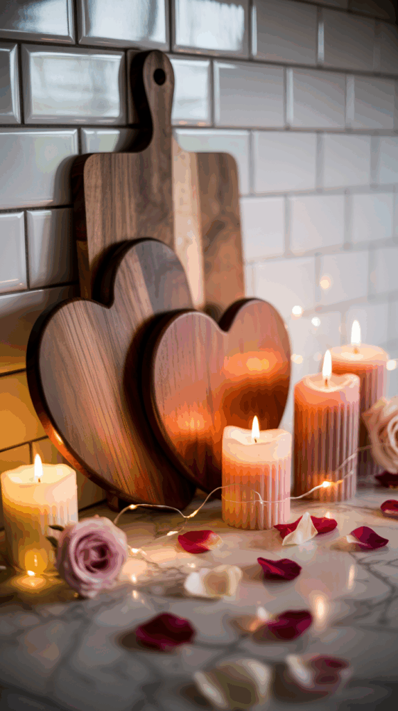 Two heart-shaped wooden cutting boards are set against a white tiled wall, surrounded by lit candles, rose petals, and string lights on a marble surface, creating a romantic ambiance.