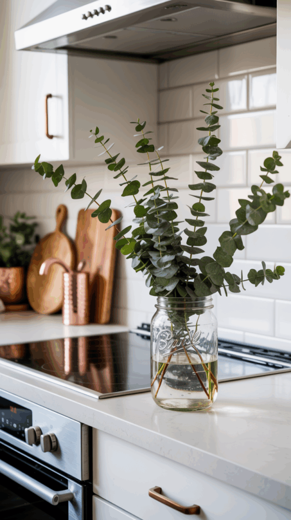 A kitchen countertop with a glass jar filled with water and eucalyptus branches, alongside cooking utensils and white tiled backsplash.