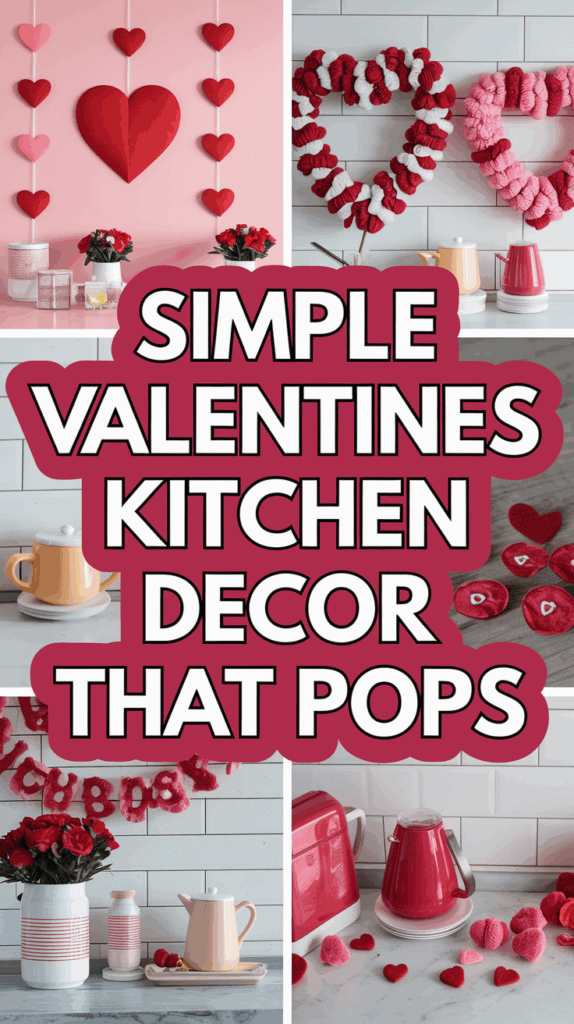 Collage of Valentine's Day kitchen decor featuring heart-shaped decorations and text overlay reading "Simple Valentines Kitchen Decor That Pops."