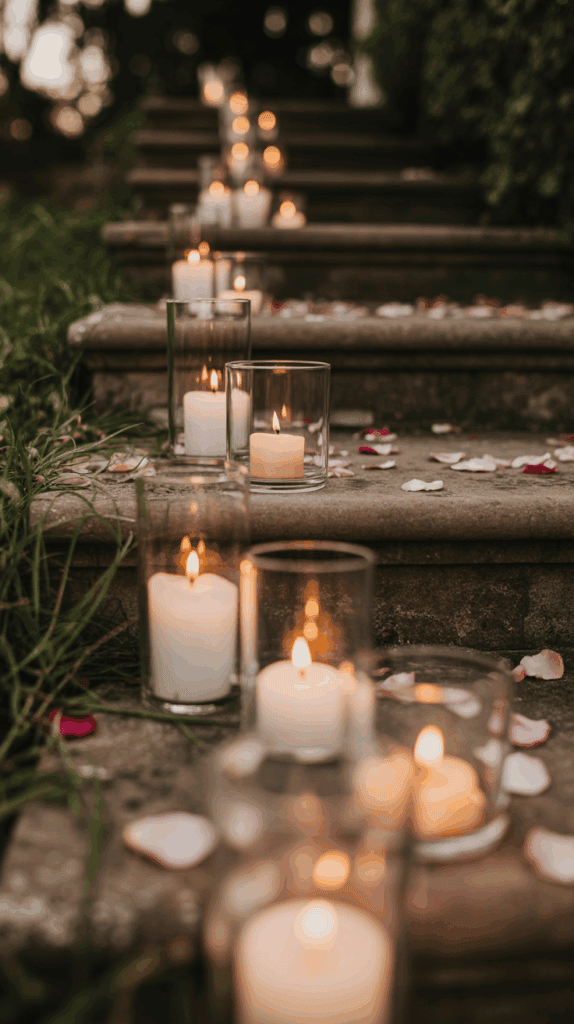 A staircase elegantly lined with lit candles in glass holders, surrounded by scattered rose petals, creating a romantic and serene ambiance at dusk.