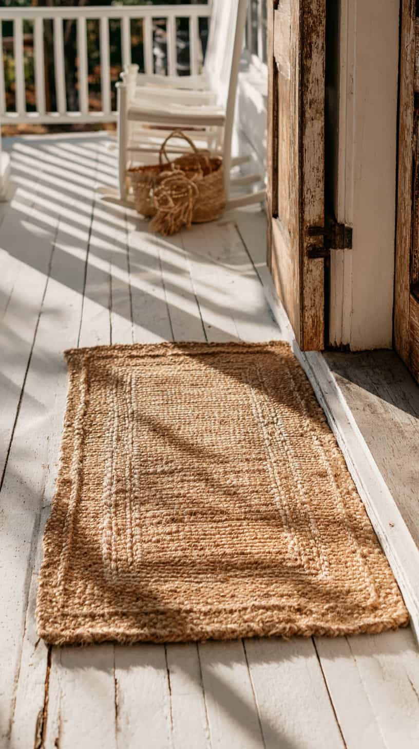Layered Textiles and Mats for Side Porch Decorating Ideas - Image 1