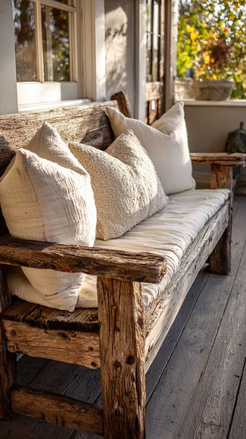 Rustic Wood Bench with Cream Cushions - Image 1