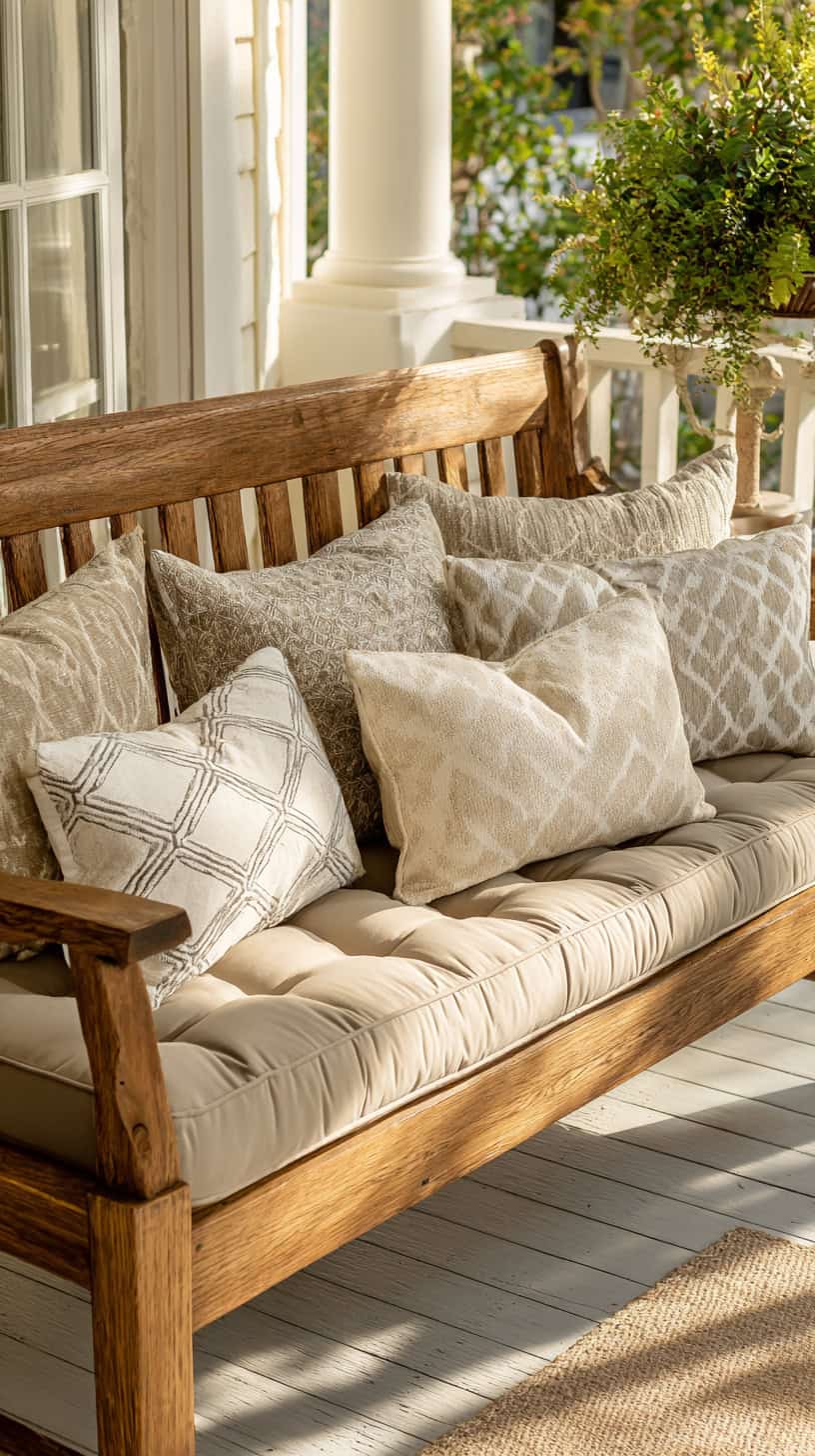 Wooden Bench with Outdoor Cushions - Image 1