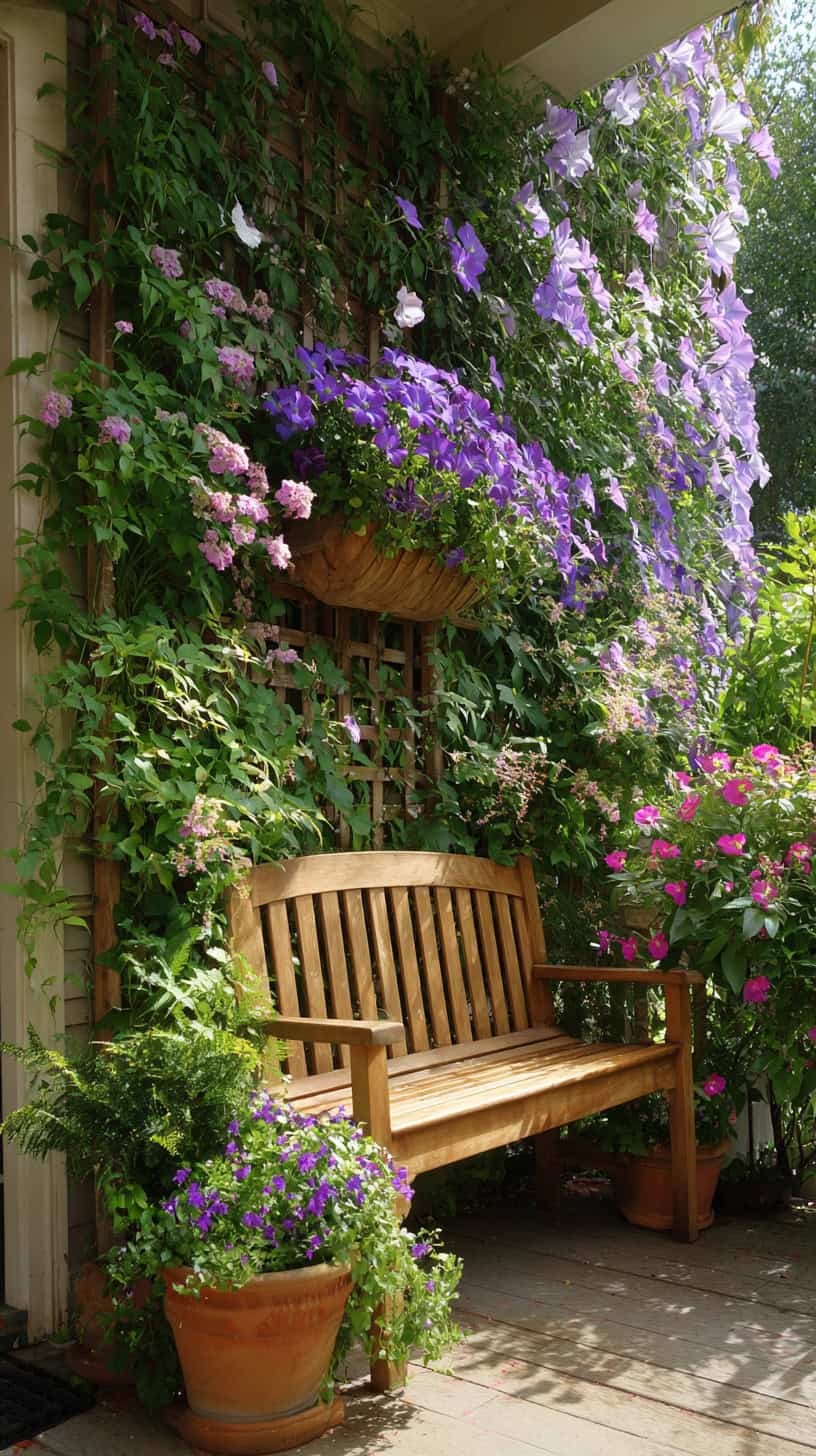 Wooden Bench with Vertical Garden Decor - Image 1