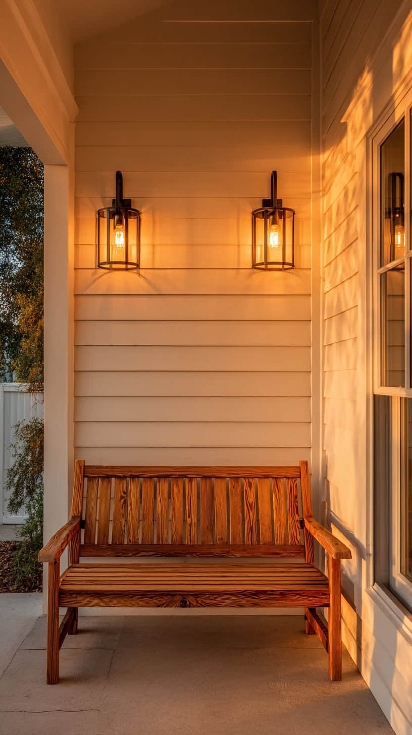 Wooden Bench with Warm Sconce Lighting - Image 1