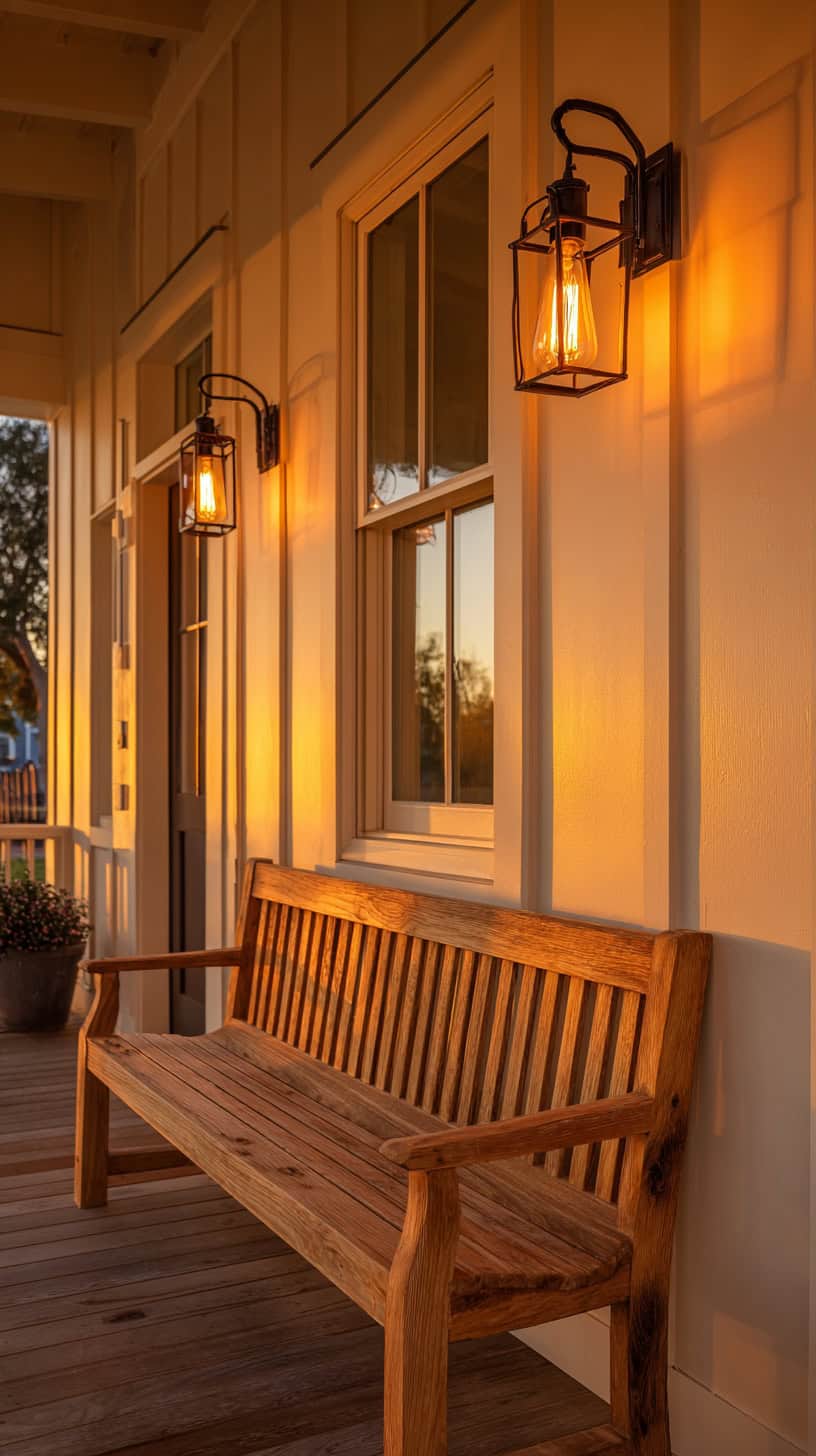 Wooden Bench with Warm Sconce Lighting - Image 2