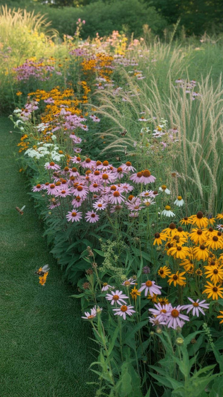 A garden with blooming purple coneflowers and black-eyed Susans bordered by tall grasses.