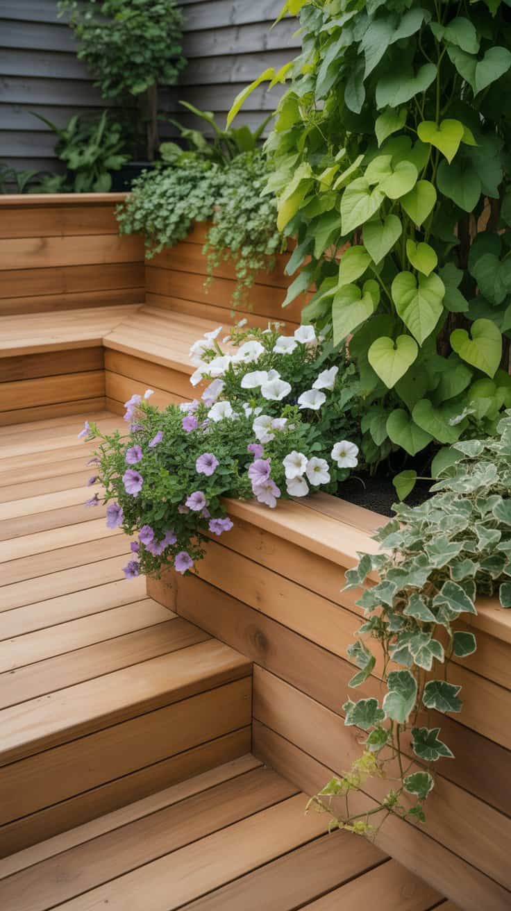 Wooden deck with steps adorned with white and purple flowers and lush green plants.