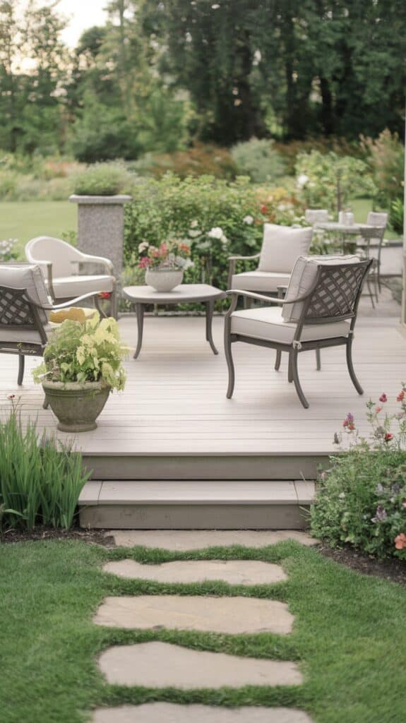 A serene patio with metal chairs and a round table, surrounded by lush greenery and a stone path leading to the lawn.
