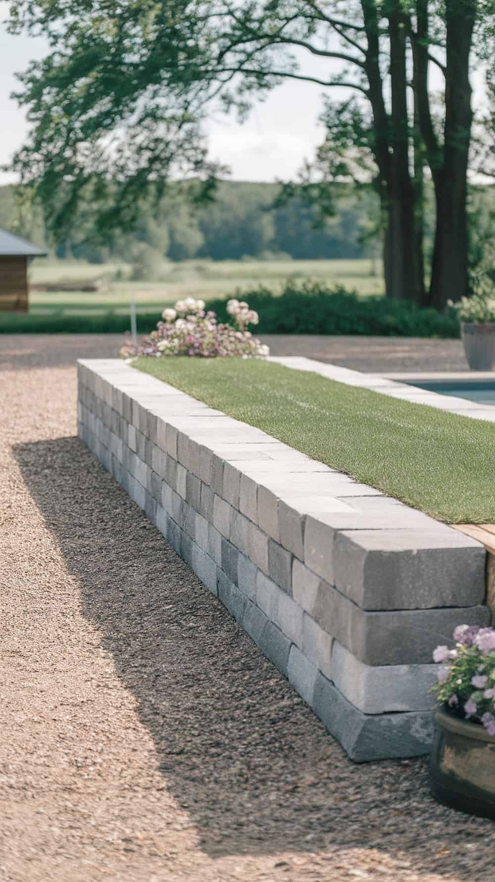 A stone retaining wall with artificial grass on top, bordered by flower pots, in a landscaped outdoor setting.