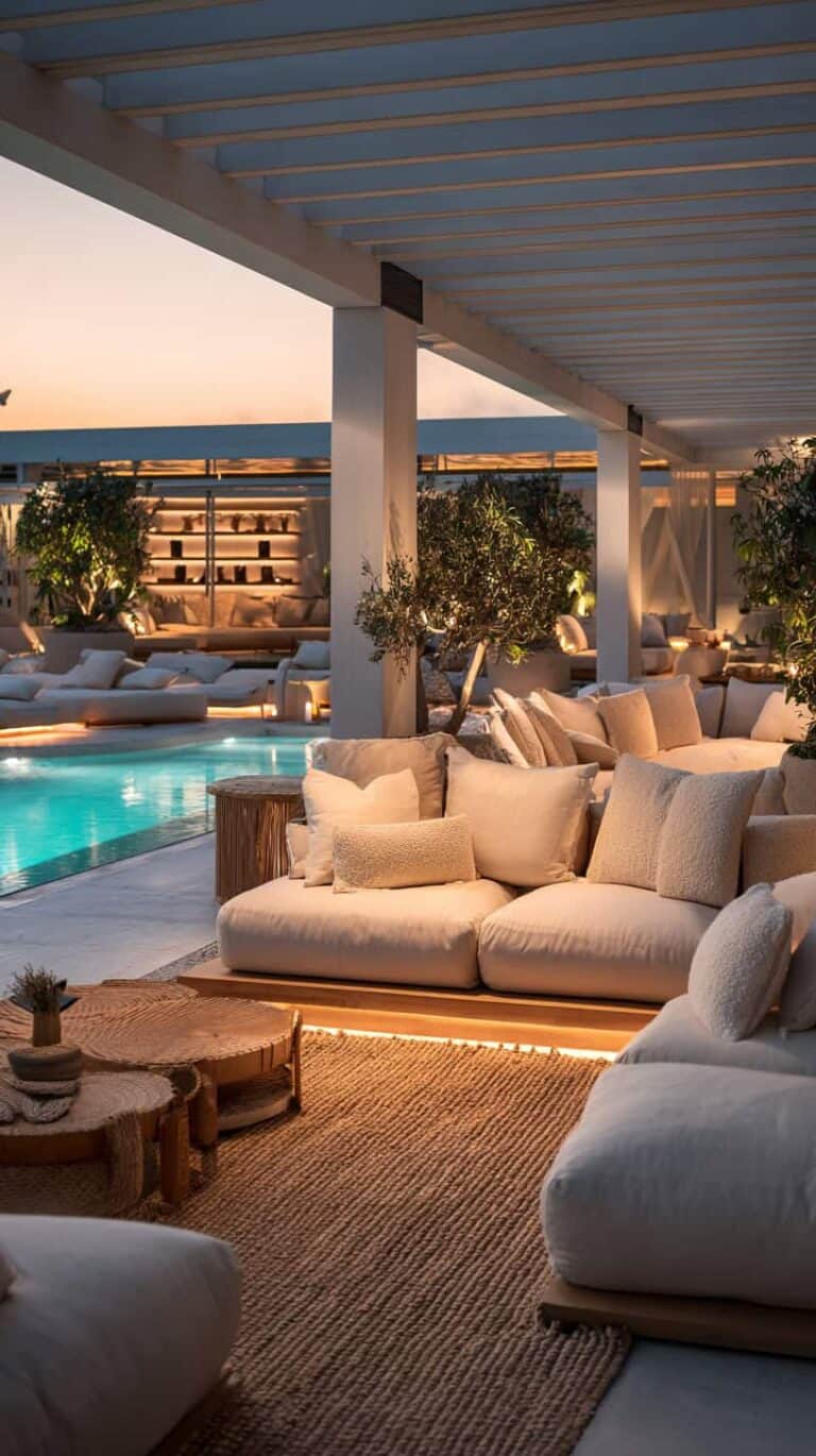 Luxurious outdoor lounge with plush sofas, warm lighting, and a poolside view under a pergola at sunset.