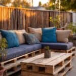 Outdoor seating area with a pallet sofa, colorful cushions, and a matching pallet table on a patio, surrounded by potted plants.