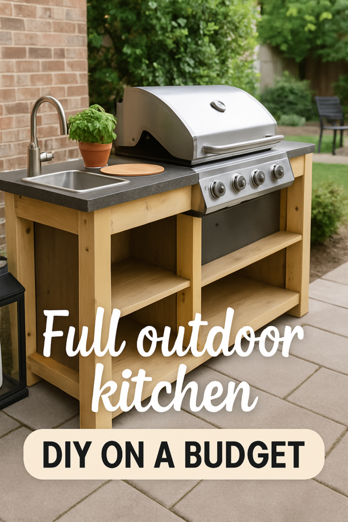 Outdoor wooden kitchen with a sink and grill, surrounded by patio tiles; text reads "Full outdoor kitchen DIY on a budget."