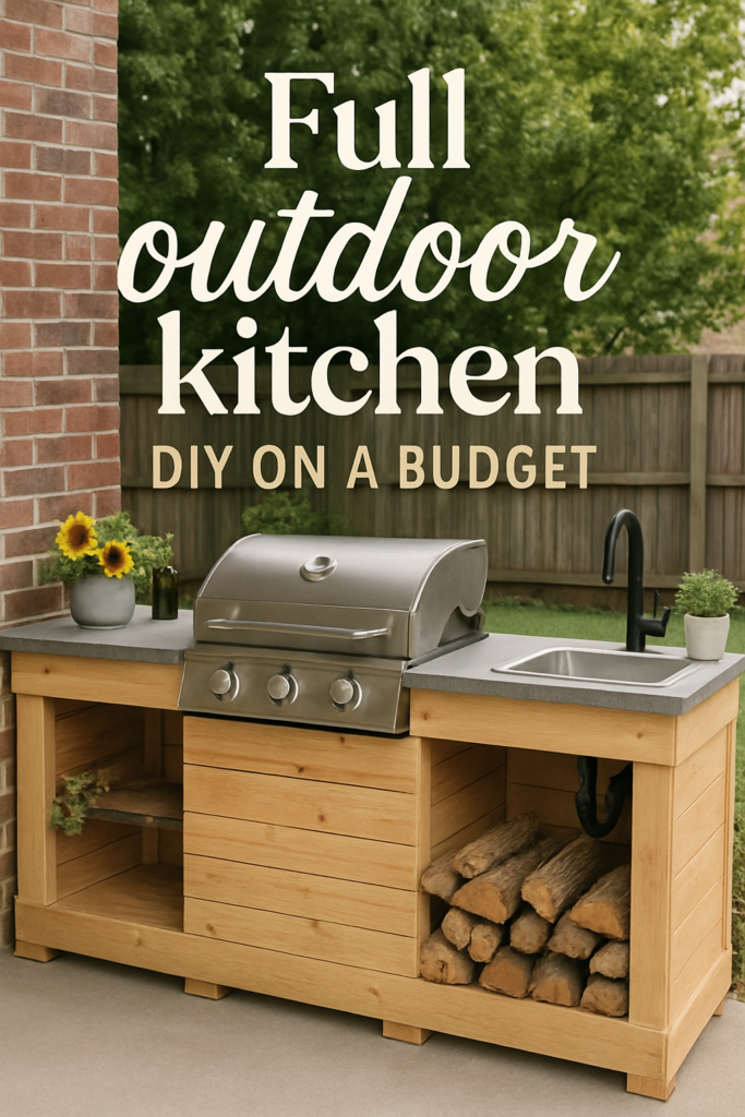 Outdoor kitchen setup with a grill, sink, and storage, featuring text: "Full outdoor kitchen DIY on a budget."