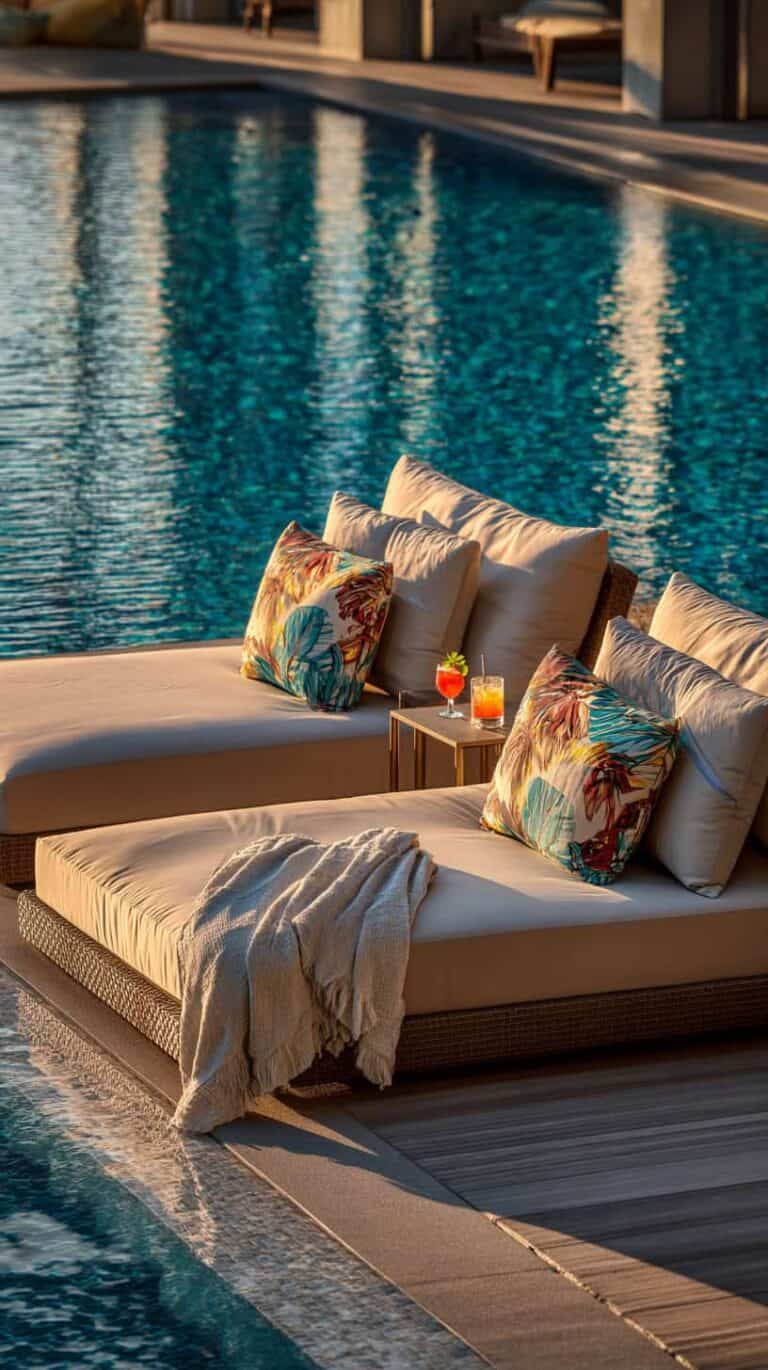 Two lounge chairs by a pool with tropical-themed pillows, drinks, and a blanket, set in warm, evening light.