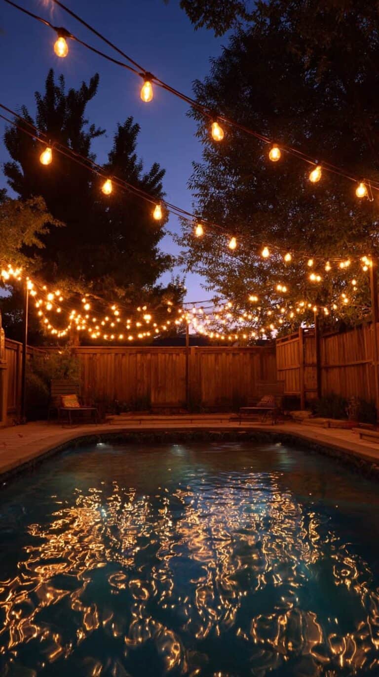 String lights hang over a backyard pool, reflecting in the water at dusk.