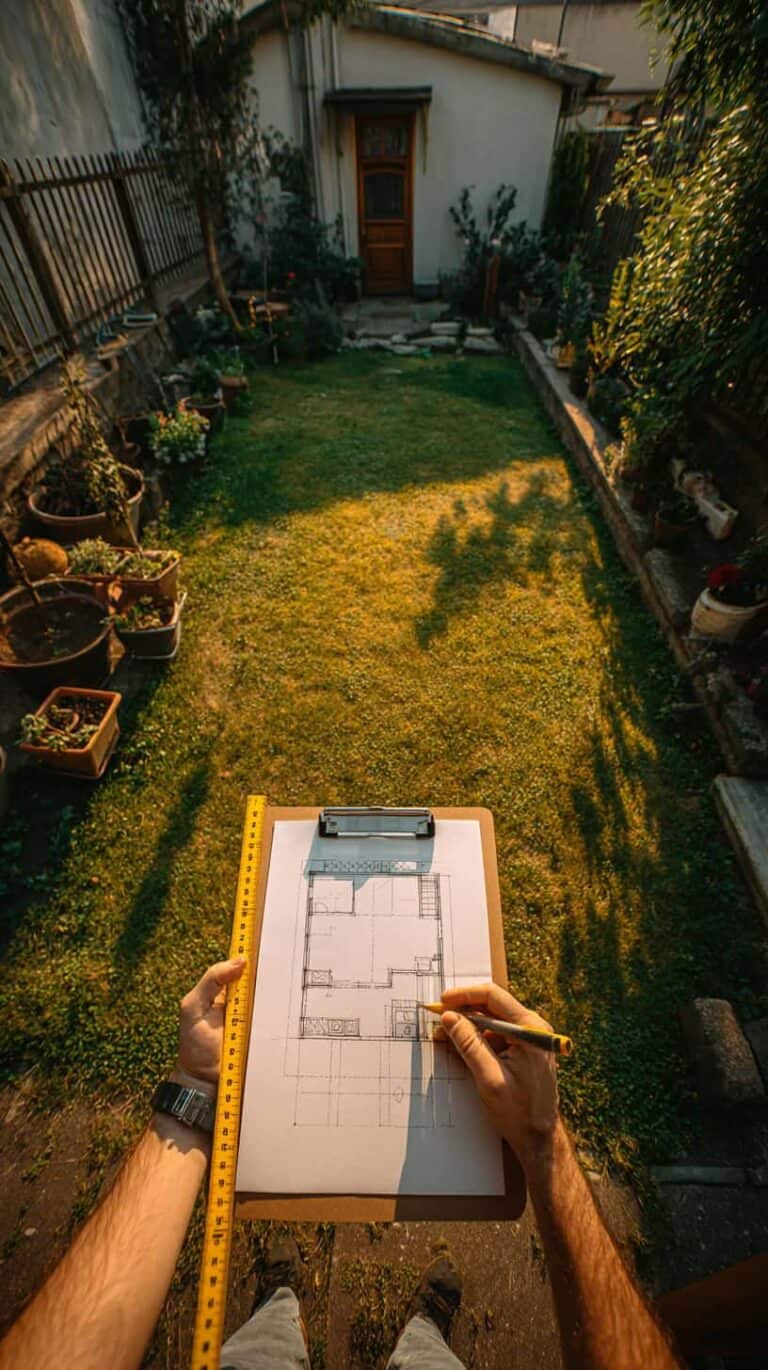 A person holding a clipboard with a floor plan sketch in a backyard, with a house in the background.