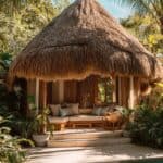 A thatched-roof cabana with a seating area beside a turquoise pool, surrounded by lush tropical plants.